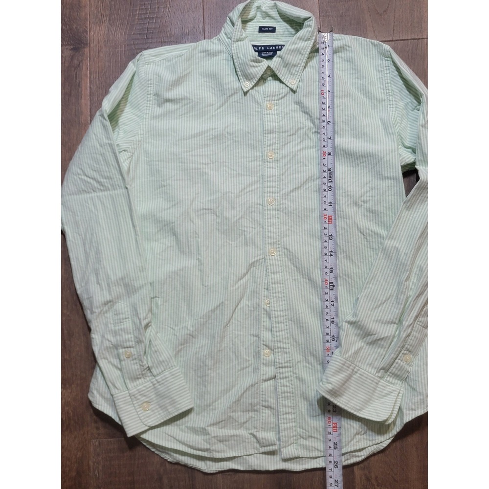 Ralph Lauren Slim Fit Button Down Shirt Green White Stripe Polo Pony Embroidered